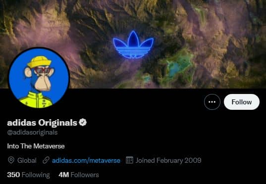 Adidas profile on Twitter that clearly shows his enthusiasm for the metaverse.  Also the profile picture is a Bored Ape specially created by Adidas in the colors of the brand. 