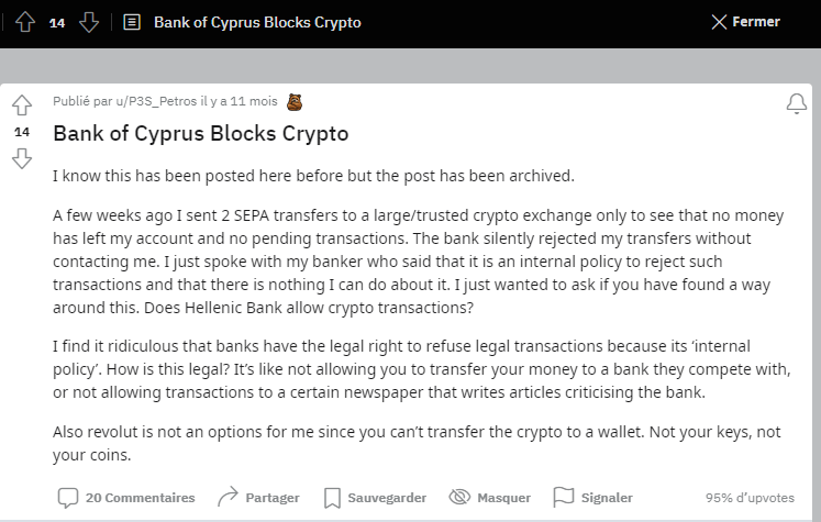 Publication Reddit à propos d’un virement lié à une opération en Bitcoin (BTC) bloqué par la Banque Centrale de Chypre 
