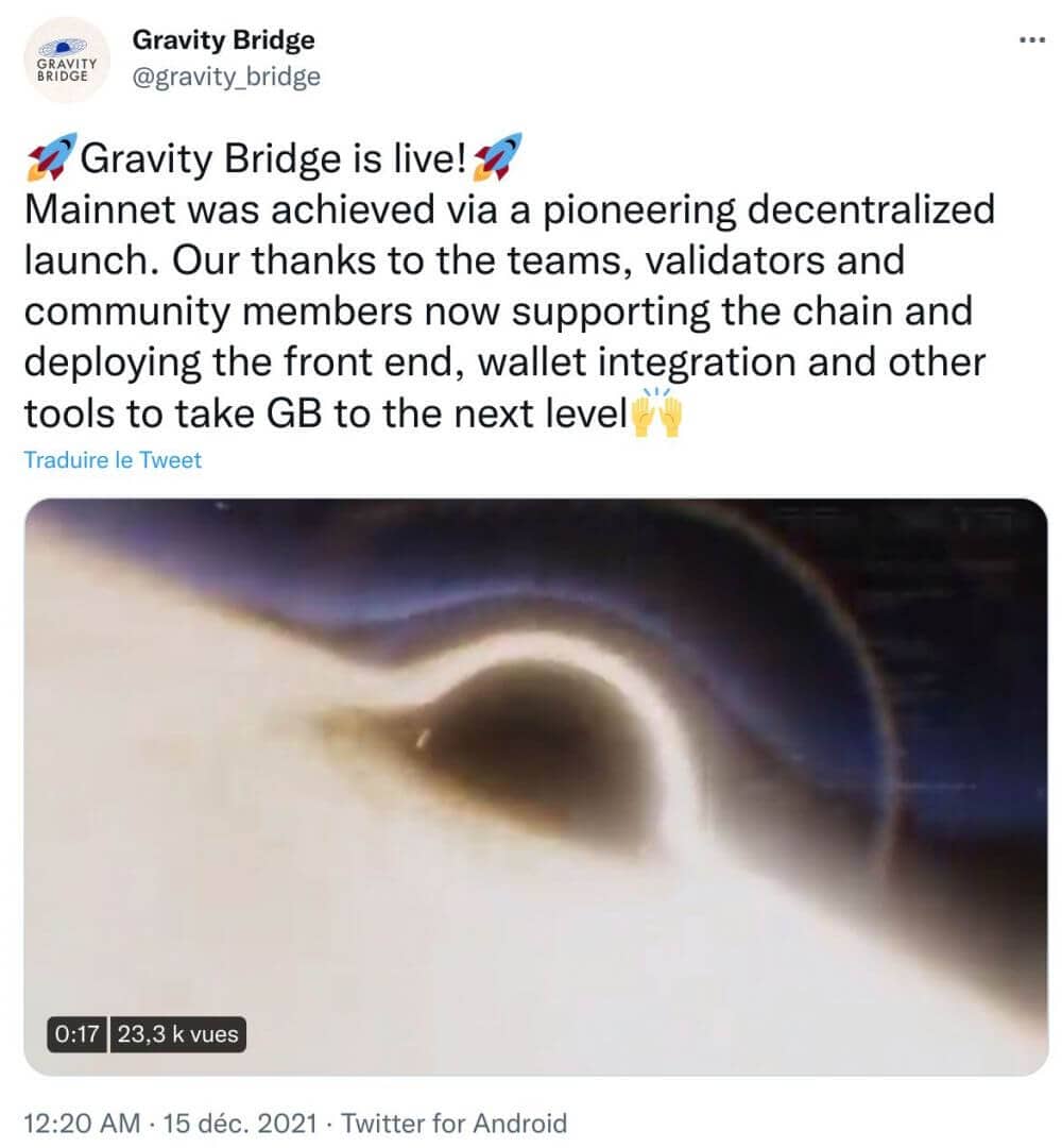 Publication Twitter Gravity Bridge - annonce pont Cosmos Ethereum