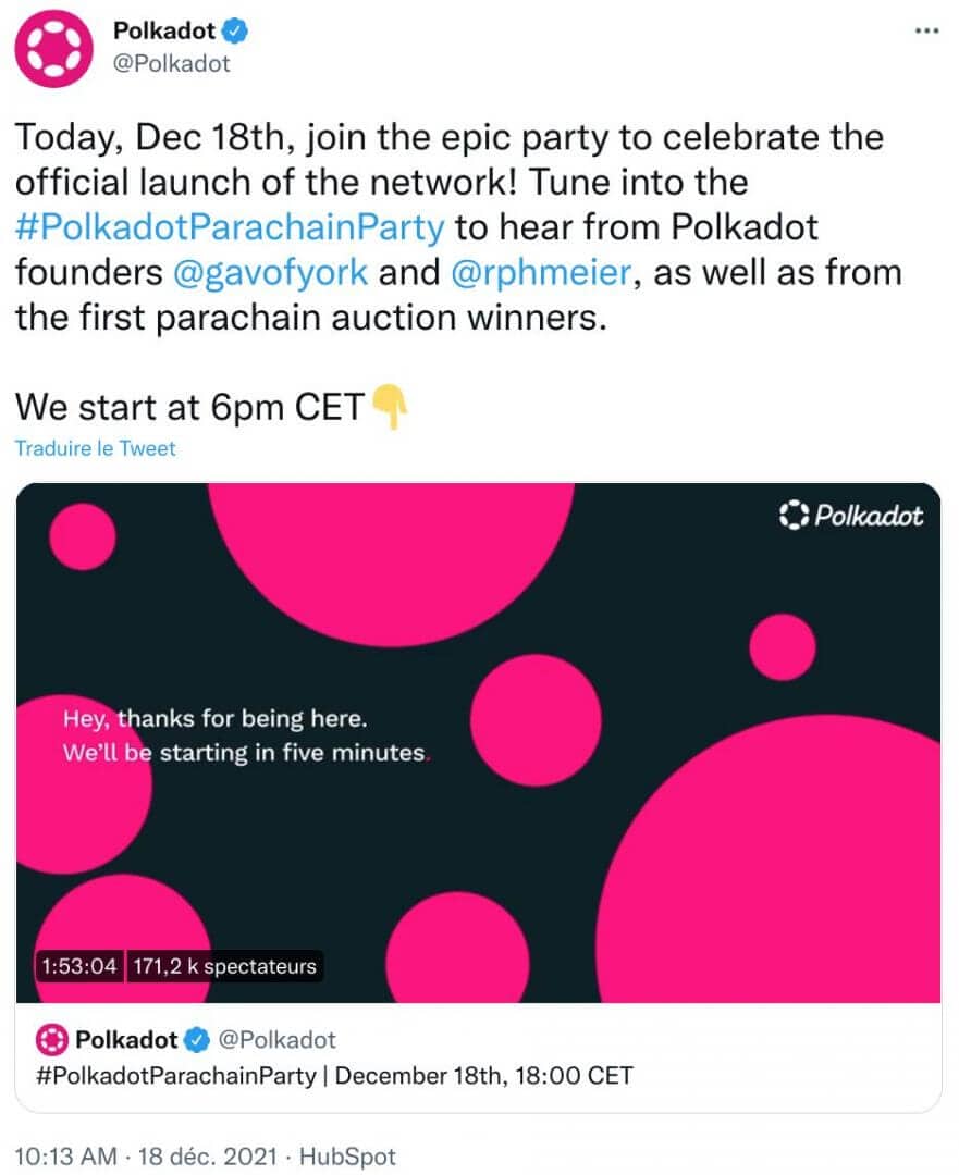 Publication Twitter Polkadot - lancement 5 premières parachains