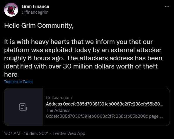 Publication Twitter Grim Finance - hack 30 millions dollars
