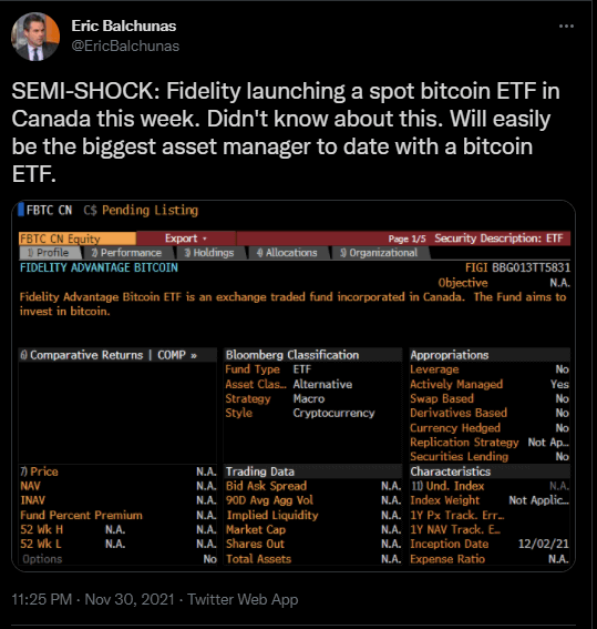 Eric Balchunas, Analyste de Bloomberg reprend l'annonce du lancement de l'ETF Bitcoin spot (Fidelity Advantage Bitcoin) faite par Fidelity Investments Canada. 