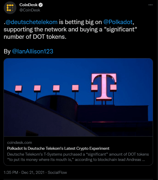 Annonce de l'intégration de Deutsche Telekom dans la blockchain de Polkadot (DOT). 