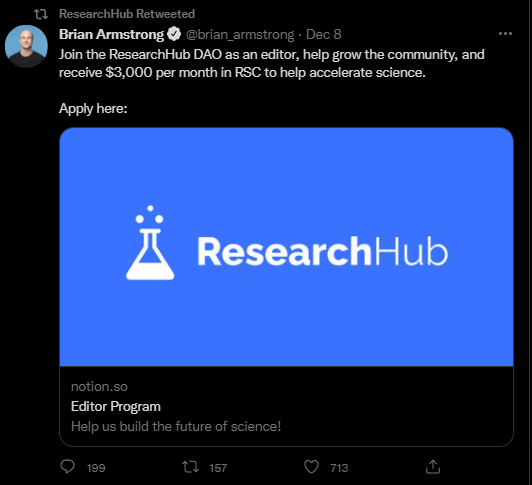 Tweet from Brian Armstrong about his company ResearchHub looking for new contributors. 