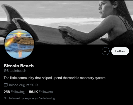 Bitcoin Beach Wallet Twitter profile page.  Despite the 56,000 followers, the wallet has only 6,000 users at the moment. 