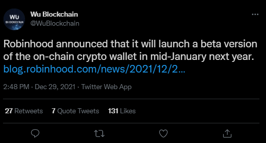 Robinhood Twitter 帖子- 2022 年1 月數字貨幣包測試版發布