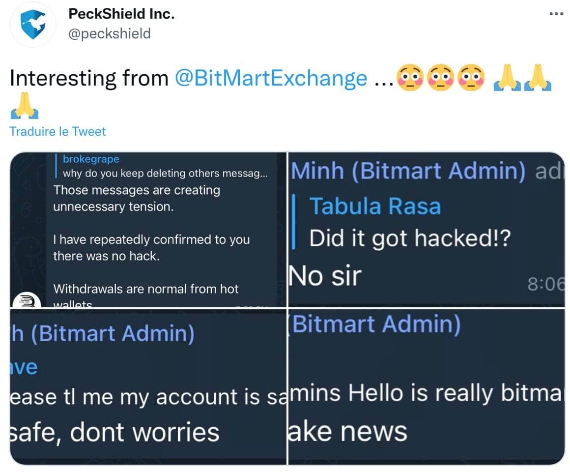 Publication Twitter Peckshield - les équipes de BitMart ont nié l'attaque, qualifiant la nouvelle de fake news sur leur groupe Telegram.
