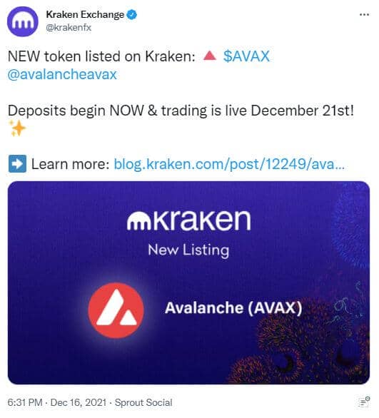 Publication Twitter Kraken - listing AVAX 