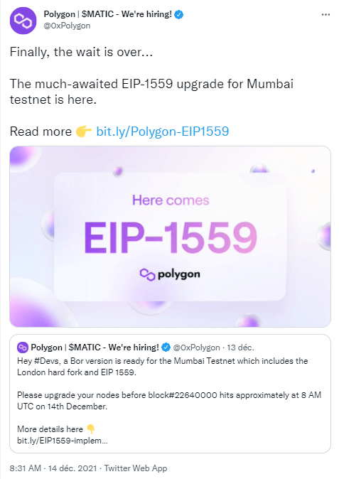 Polygon a récemment annoncé que sa propre version de l’EIP-1559 allait être lancée sur son testnet Mumbai, avant une éventuelle implémentation sur son réseau principal.