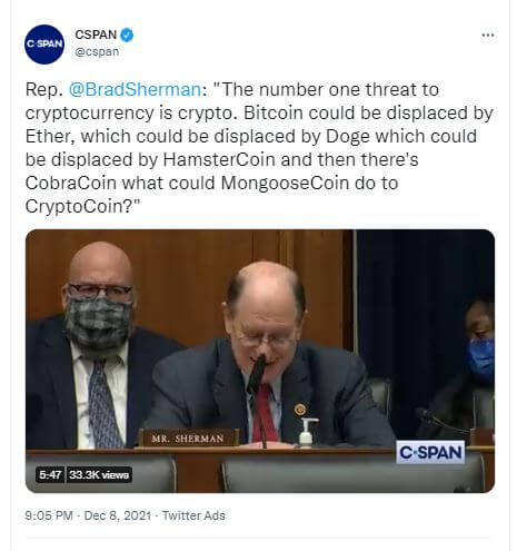le membre du Congrès américain Brad Sherman se moque des cryptomonnaies et crée malgré lui, le mongoose coin (MONGOOSE).