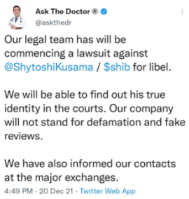 Publication Twitter effacée Ask The Doctor - plainte Shiba Inu Shytoshi Kusama