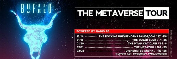Affiche de concert du Metaverse Tour avec les dates de la tournée du DJ Bufalo.