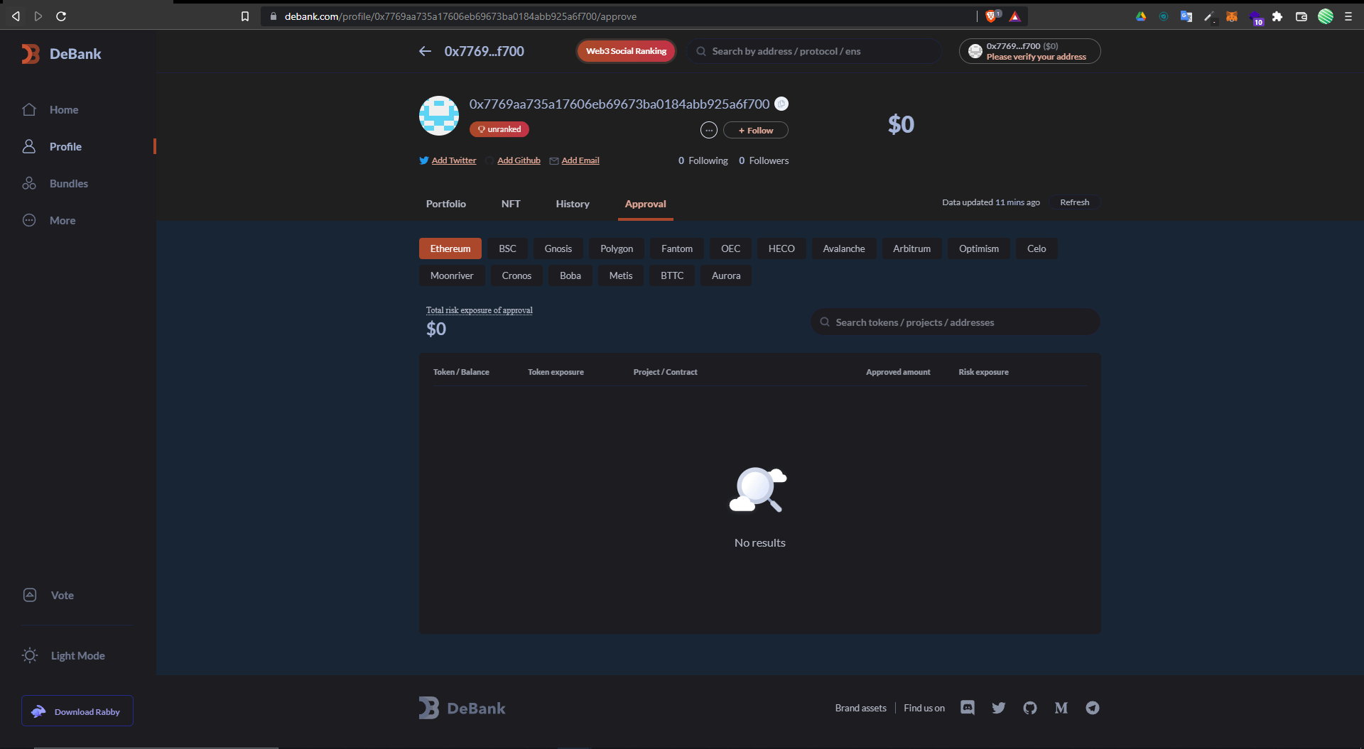 Capture d'écran de l'onglet "Approval" de la page de profil de DeBank