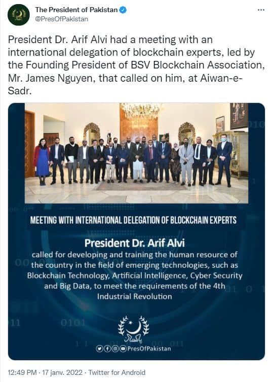 Publication Twitter Dr Arif Alvi président Pakistan - rencontre BSV Blockchain James Nguyen