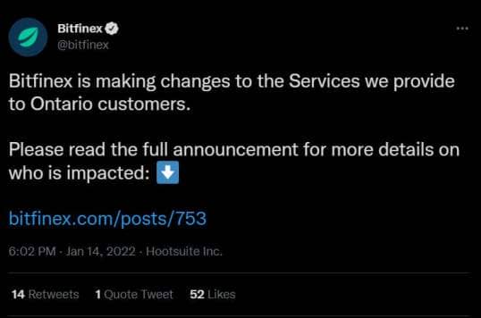 Tweet de Bitfinex du 14 Janvier 2022 annonçant les modifications de services pour les clients en Ontario