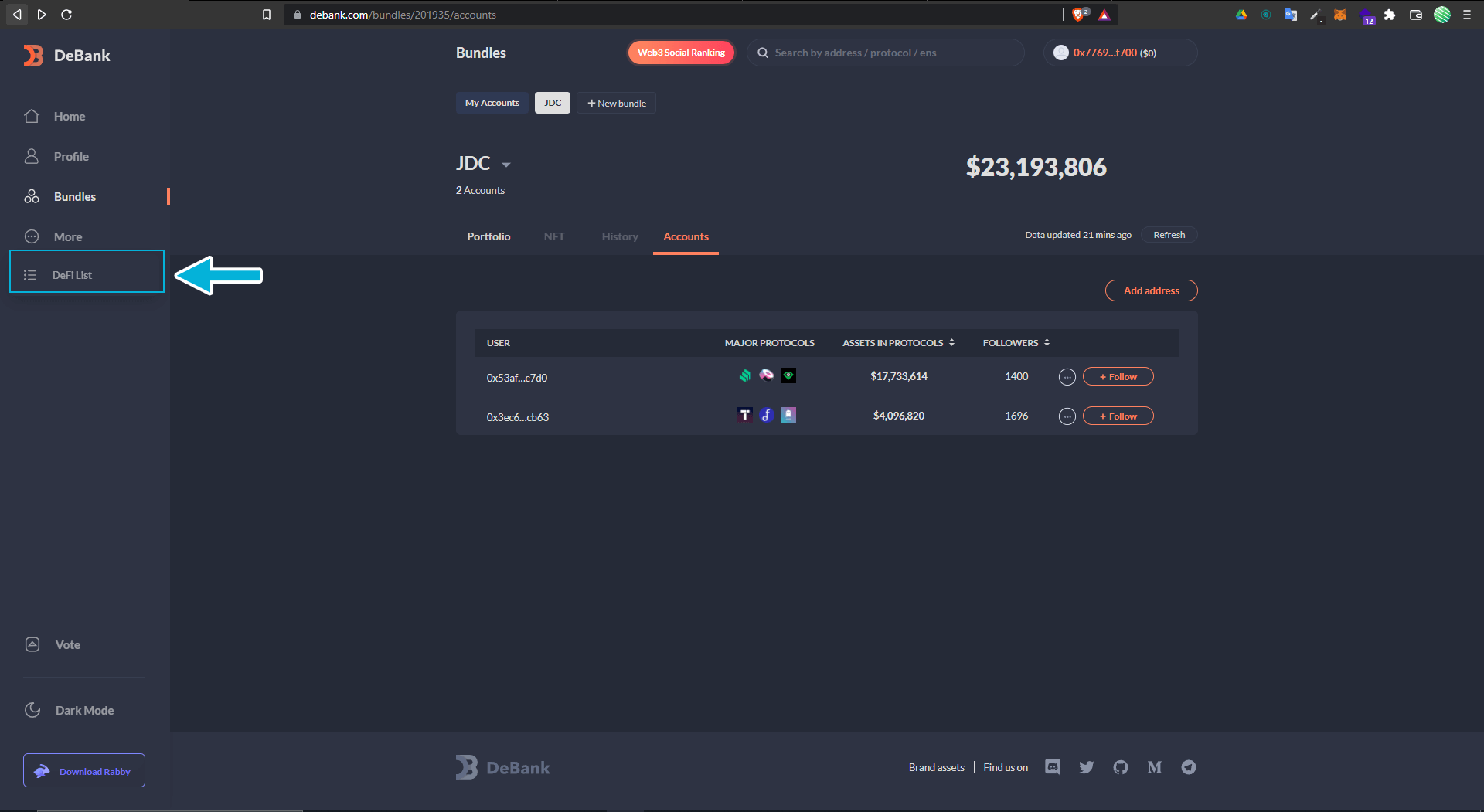 Capture d'écran faisant apparaitre le menu "DeFi List"