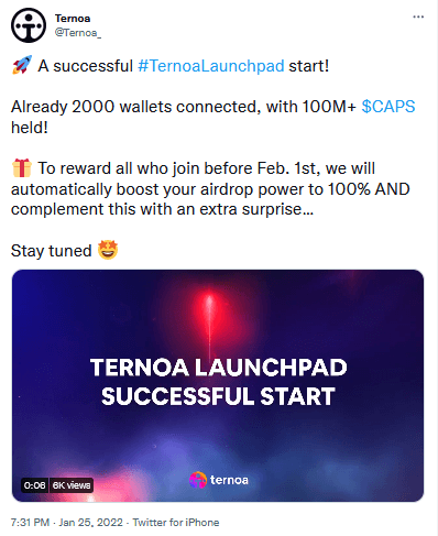 Ternoa annonce sur twitter le lancement de son launchpad afin de présenter à la communauté des projets de l'écosystème et faire gagner des cryptomonnaies