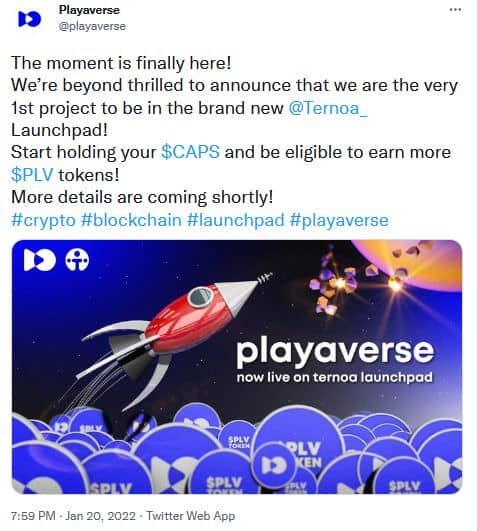 Tweet de la plateforme Playa Verse qui annonce être la première DApps à sortir sur le Launchpad de Ternoa. "Holdez du CAPS et gagnez du PVL."