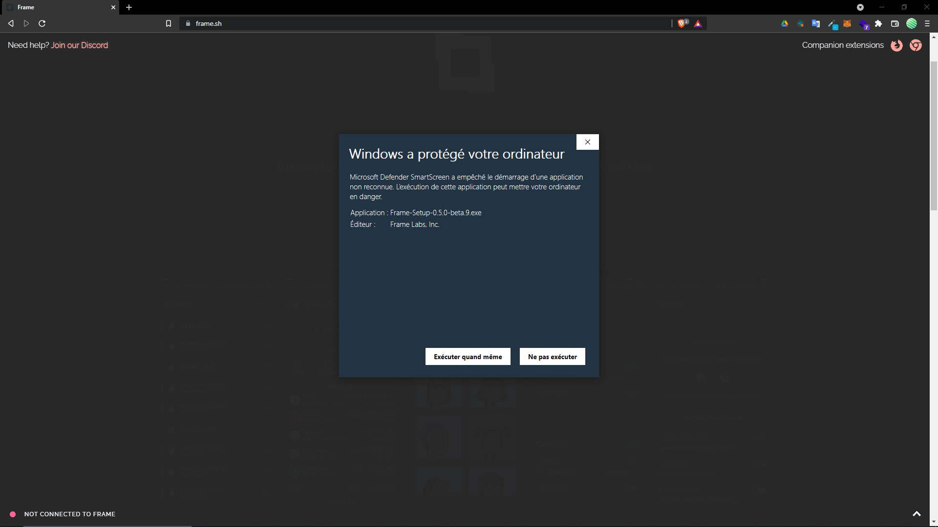 Screenshot de l'ouverture du fichier exécutable empêché par Windows. Cliquez sur "exécuter quand même"