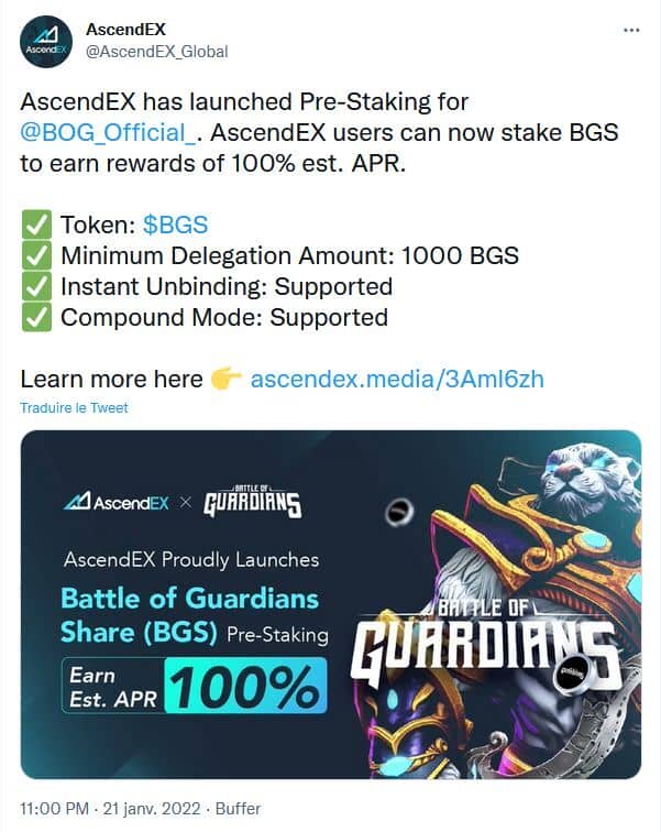 AscendEX propose le staking des tokens du projet de jeu multi-players Battle of Guardians avec un rendement estimé à 100% par an