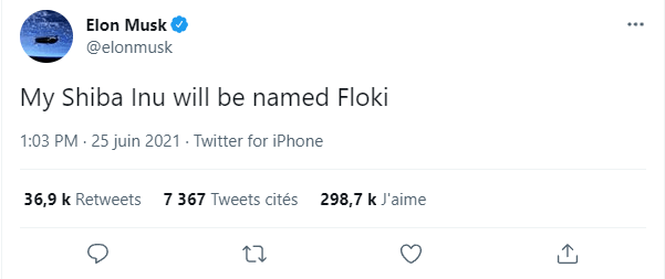 Screenshot d'un tweet d’Elon Musk annonçant que son prochain Shiba Inu s’appellera “Floki” 