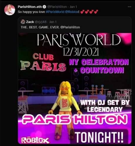 Tweet de Paris Hilton avec l'affiche de promotion de sa soirée dans le metavers pour le réveillon du 31 Décembre 2021.
