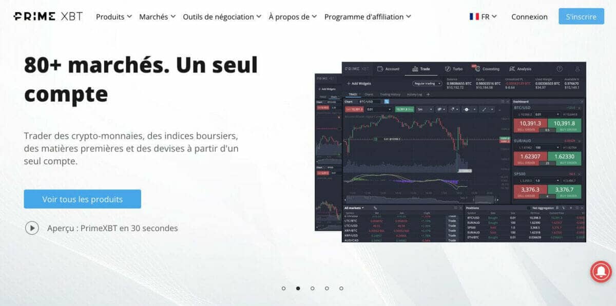 Page d'accueil de la plateforme PrimeXBT qui propose de trader actions et cryptos