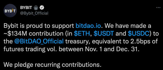 Publication Twitter Bybit - dons trésorerie BitDAO 134 millions dollars
