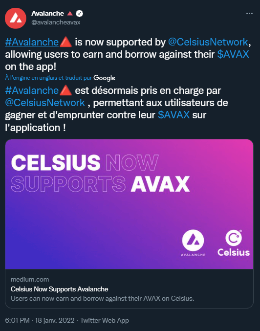 Publication Twitter Avalanche - annonce arrivée dAVAX sur Celsius Network