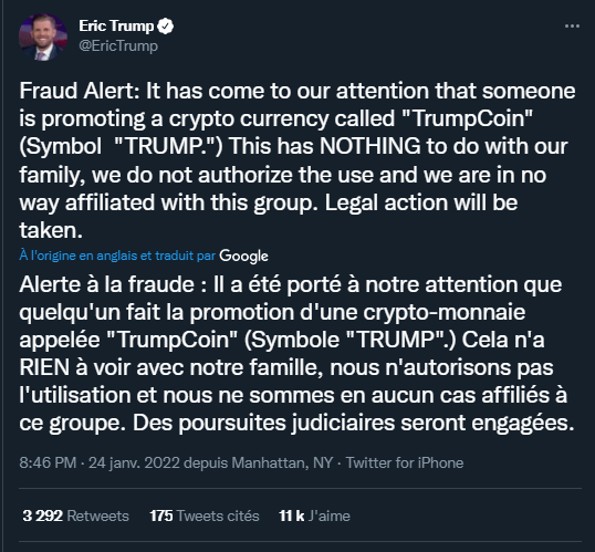 Publication Twitter Eric Trump - poursuites judiciaires auteur TrumpCoin