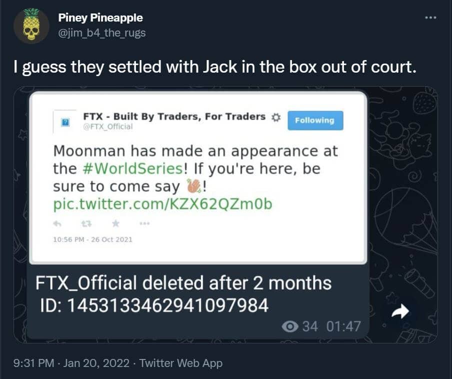 Publication Twitter Piney Pineapple - arrangement amiable Jack in the Box FTX US mascotte Moon Man plagiat