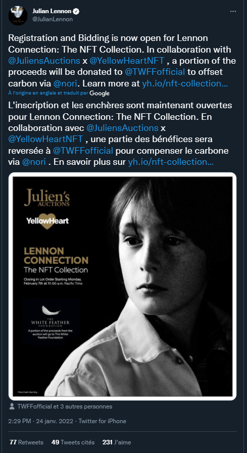 Annonce de Julian Lennon sur Twitter pour la vente des objets de John Lennon sous forme de NFT
