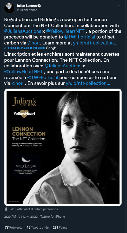 Annonce de Julian Lennon sur Twitter pour la vente des objets de John Lennon sous forme de NFT