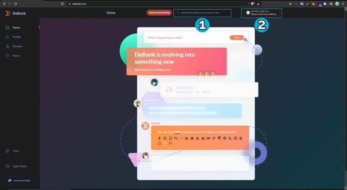 Capture d'écran de la page principale de DeBank