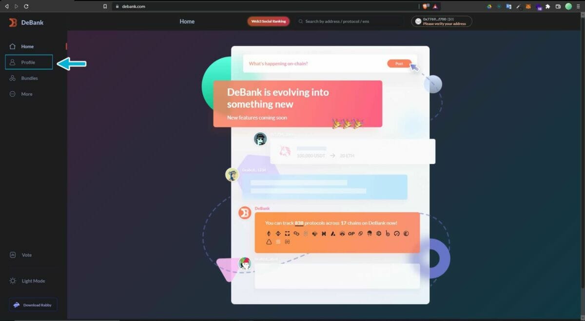 Capture d'écran de la page d'accueil de Debank.com
