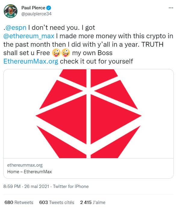Tweet from basketball player Paul Pierce highlighting the Ethereum Emax scam.
