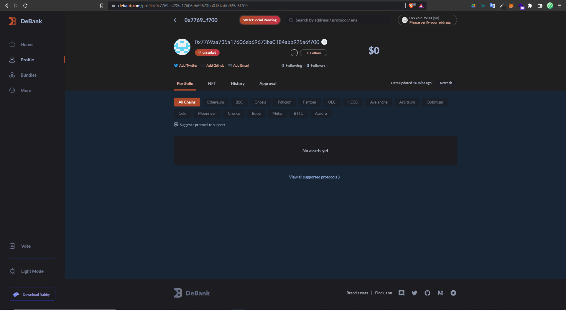 Capture d'écran de la page profil de DeBank