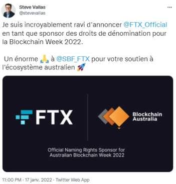 Tweet de Steve Vallas annonçant le partenariat avec FTX