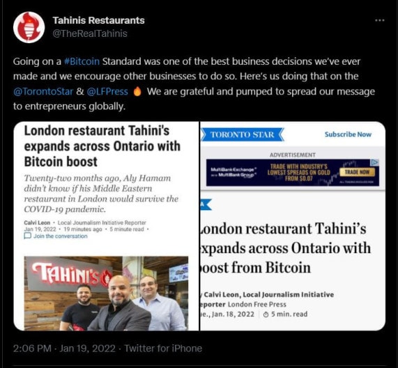 Tweet du 19 Janvier 2022. Tahini's Restauration se félicite d'avoir choisi Bitcoin pour sa trésorerie remerci le journal Toronto Star d'avoir fait un article sur son entreprise.