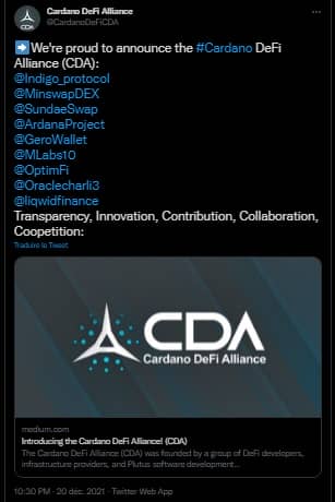 Annonce Twitter de la Cardano Defi Alliance avec les nom des protocoles participants.