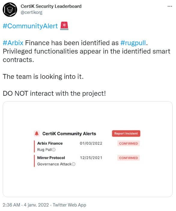 La société Certik a posté un Tweet mettant en garde ses utilisateurs contre une aranaque cryptomonnaies: le projet Arbix Finance.