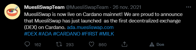 Annonce sur Twitter du lancement de l'Exchange décentralisé MuesliSwap par son équipe sur le mainnet de la blockchain Cardano.