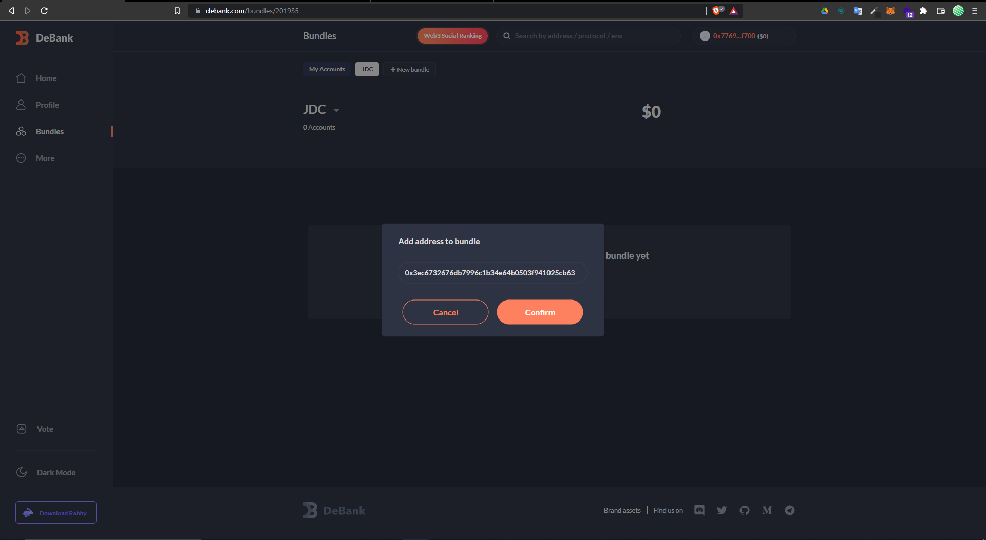 Capture d'écran montrant comment ajouter une adresse à un "Bundle"