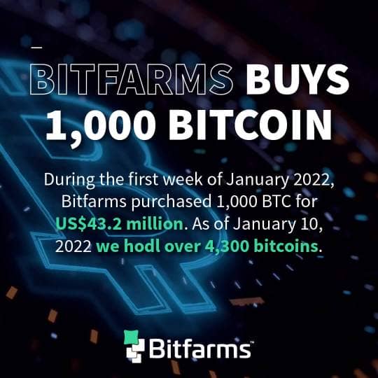 Massive purchase of 1,000 bitcoins (BTC) by the Canadian mining company Bitfarms, while the price of bitcoin has been bearish since the beginning of 2022