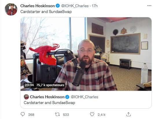 Publication Twitter Charles Hoskinson - demande SundaeSwap CardStarter à régler problème privé