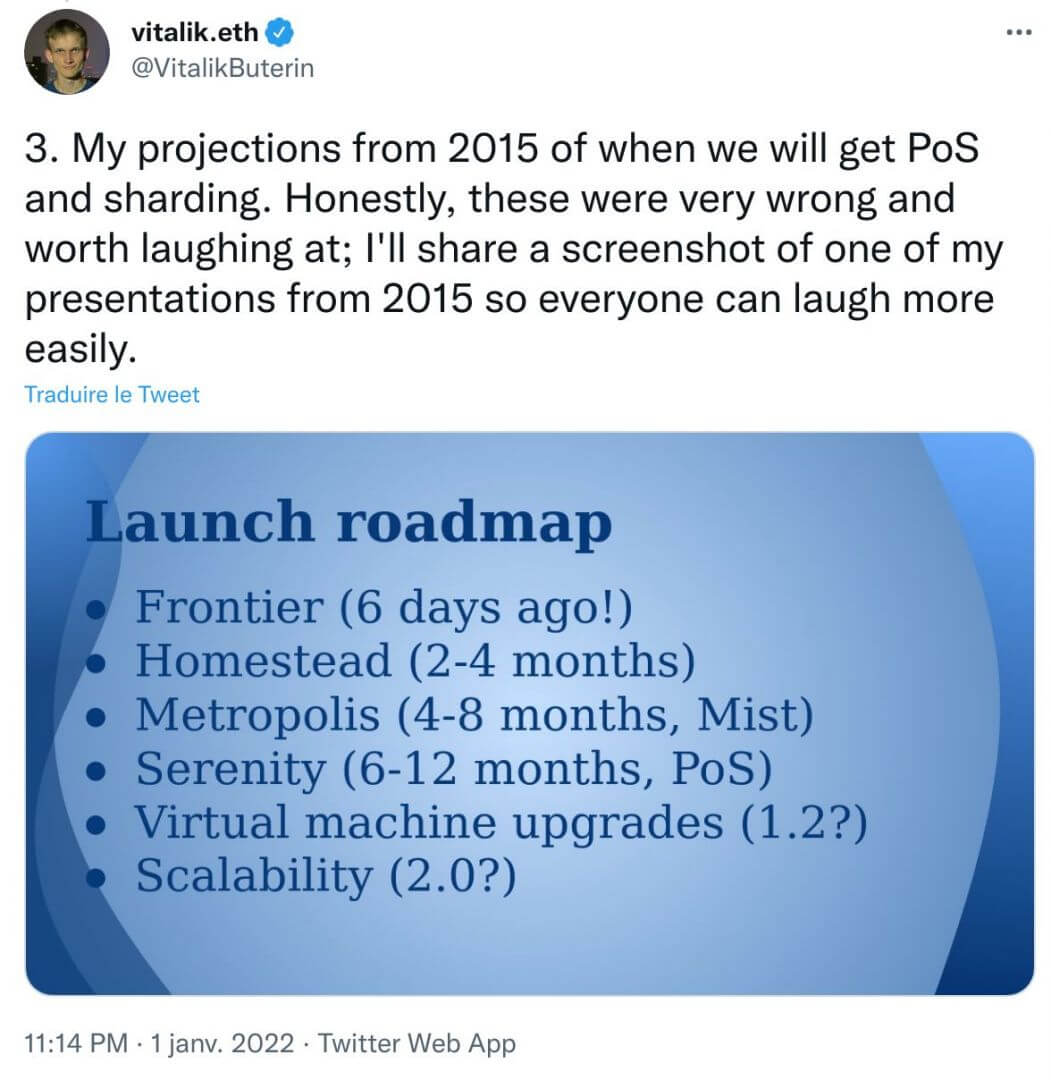 Publication Twitter Vitalik Buterin - prédictions erronées déploiement Ethereum 2.0