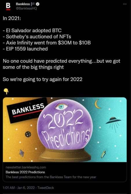 Tweet Bankless sur les principales données crypto 2021 et sur les prédictions pour 2022. 