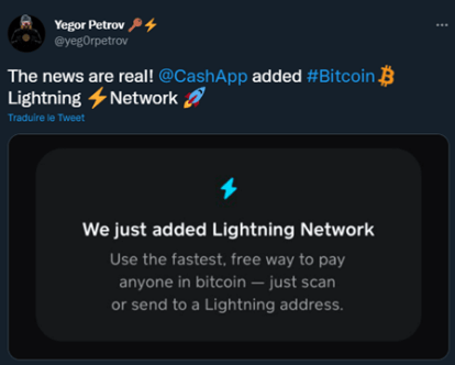 Un tweet montre le visuel d'une notification de Cash App indiquant l'accès au Lightning Network pour ses utilisateurs.