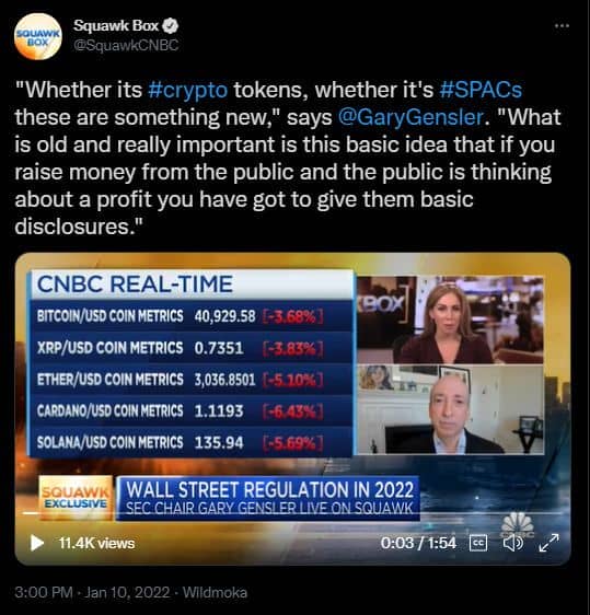 CNBC tweet with SEC Chairman Gary Gensler's interview.  He is as determined as ever to regulate digital assets. 