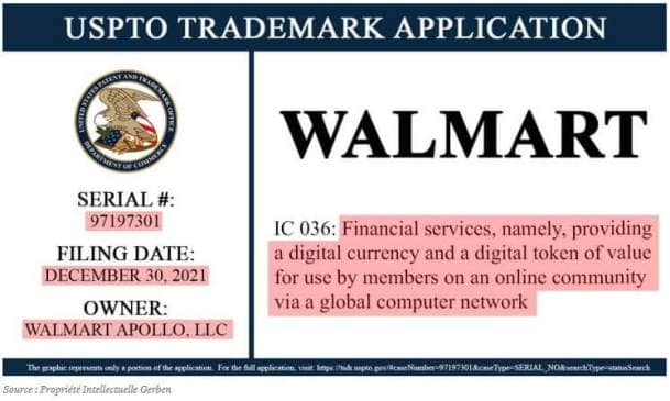 L'image montre une demande de Walmart à l'office américaine des dépôts de brevets. Cette demande concerne l'utilisation des cryptomonnaies en tant que service pour ses clients.